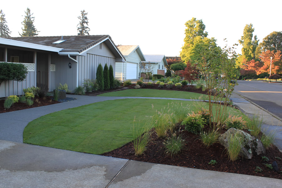 Front yard landscaping with proper turf and lawn care